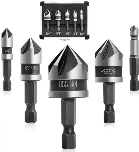 KENDO 5-teiliges Kegelsenker-Bit-Set, Hochgeschwindigkeitsstahl-Senker-Bits, 82 Grad, 5 Rillen, 1/4 Zoll Sechskantschaft, passend für Spülenlöcher in Metallen, Holz, Sperrholz, Kunststoff mit