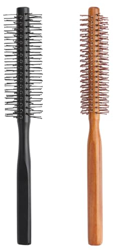 2 Stück Rundbürste Bart, Kleine Rundbürste, Rundbürste zum Föhnen, Haarburste, Griff aus Naturholz, geeignet für Haare und Bärte, für tägliches Styling und Föhnen (3,5 x 21 cm, 2,5 x 21 cm)