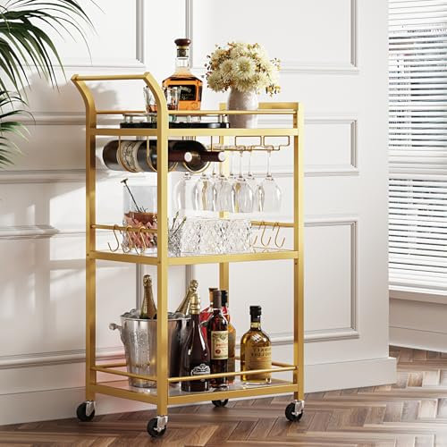 TUTOTAK Barwagen Home Bar Servierwagen mit Mikrowelle und Getränkehalterungen 3-Ebenen-Glaspfandleger Weinhalter Rollendes Küchenregal Gold BC01BB034