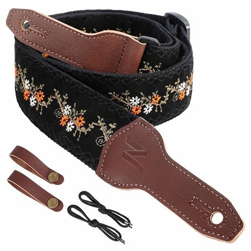 Nefelibata Banjo-Gurt, 2 breit, Vollnarbenleder Jacquard bestickt, verstellbarer Ersatz, Gitarrengurt mit Kopfplatten-Seil und Leder-Stirnband (kleine Blumenstickerei)