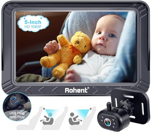 Rohent Baby Car Camera - Telecamera da auto da 12,7 cm HD 1080p, visione notturna, facile da installare, sedile posteriore e anteriore, alimentazione USB, per bambini, sicurezza per neonati e bambini