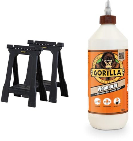 STANLEY Folding Junior Work Bench Saw Horse Twin Pack, with Tray for Tools and Small Parts, STST1-70355, Black & Gorilla 5044360 Glue Wood Glue 1L
