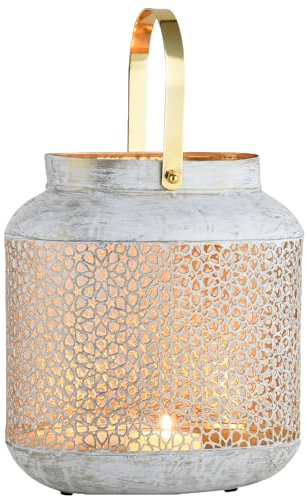 Marrakesch Boho Deko Windlicht Laterne 23cm oval aus Metall in weiß | Teelichthalter als Tischdeko Wohnzimmer Deko | Kerzenhalter Windlichter Ashnou als Balkon Terrasse & Garten Aesthetic Gartendeko