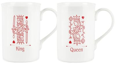 Purely Home Red King & Queen Mugs Set - Playing Cards Games Gift Set for Couples - Diamonds/Hearts/Clubs/Spades - White Bone China Coffee/Tea Mug Drinkware Present