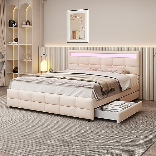 Ctastay Polsterbett Doppelbett 180x200 cm mit LED, Bett Stauraumbett Jugendbett mit 4 Schubladen Stauraum, Familienbett Gästebett mit Lattenrost, Samt, Grau (Ohne Matratze) (Beige LED)