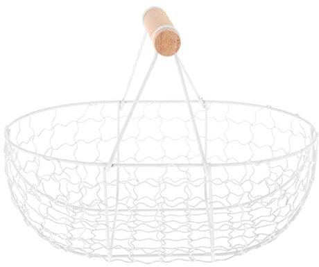 FLCPJGV Wire Egg Basket with Wood Handle, Country Vintage Gathering Storage Baskets Metal Wire Mini Egg Basket, Fruit Baskets, Kitchen Container for Storage Fresh Eggs, Bread, Fruit, Vegetable, White