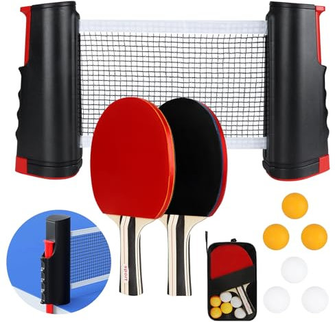 KIMIGO Set de Ping Pong: 2 Raquetas, 6 Pelotas, Red Retráctil y Bolsa de Transporte - Portátil Para Principiantes y Expertos, Ideal Para Juegos en Interiores y Exteriores
