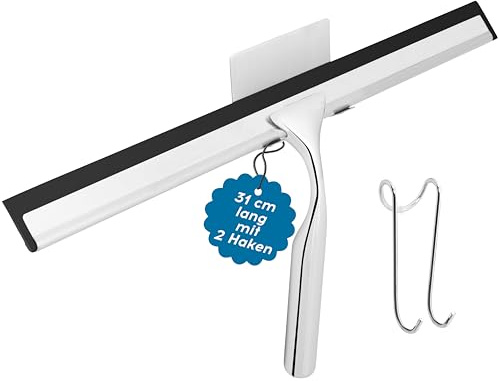 Tergivetro Doccia 31 cm kowald in Acciaio Inox | Kit Professionale con 2 Ganci e Gomma di Ricambio | Tergicristallo Extra Largo per Vetri e Piastrelle