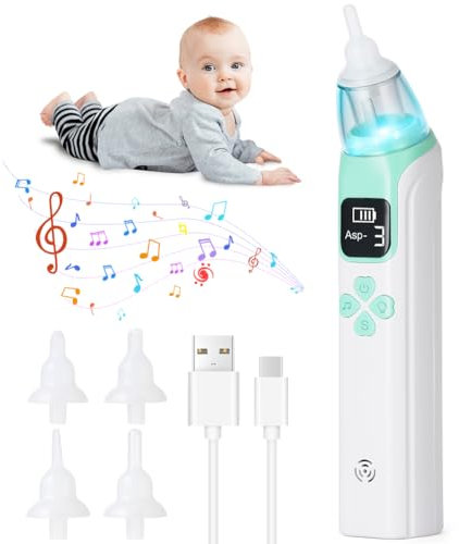 URAQT Mouche Bebe Electrique, Mouche Bebe Rechargeable, Aspirateur Nez Bebe avec de la Musique pour les Nouveau-Nés et les Tout-Petits, Modèle LCD-Vert