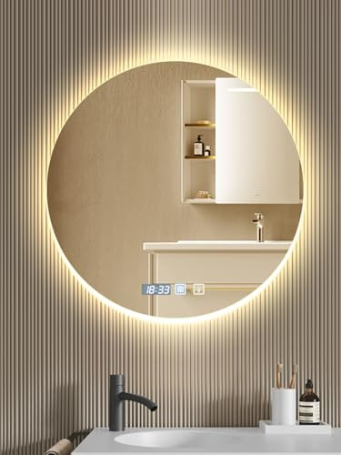 Hondony Espejo de baño LED redondo de 60 x 60 cm, tocador iluminado montado en la pared, antivaho, luz regulable de 3 colores, espejo antivaho con luces retroiluminadas para baño