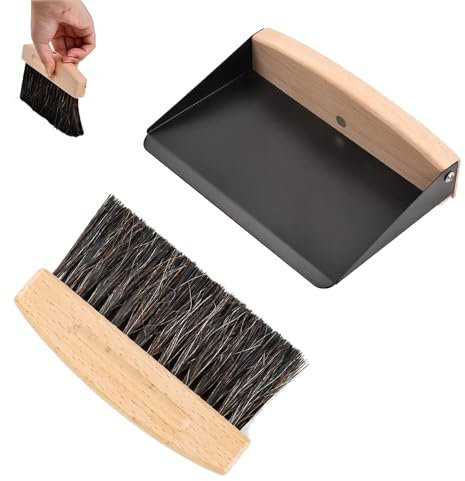 Tischbesen, Tischbürste, Mini Besen Tischfeger, Kehrschaufel aus Metall, Tischbesen aus Holz, Geeignet für Küche, Wohnzimmer und Büroflächen, Schwarze