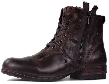 OSSTONE Western Stivali Biker Boots Vintage Maschio Mens Motociclo Botas Cerniera su in Pelle retrò Stile Uomo Stivaletti OS-5008-8-F,Marrone Retro，US10(EU44)