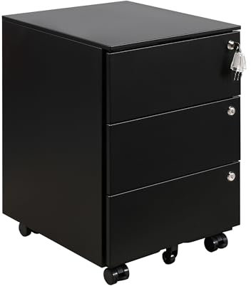 LVSTEEL Rollcontainer mit Schubladen, Mobiler Aktenschrank unter Schreibtisch, Abschließbarer Büroschrank, Druckertisch, 3 Schubladen 4 Schlüssel, Vormontiert, Büro, Homeoffice, Schwarz