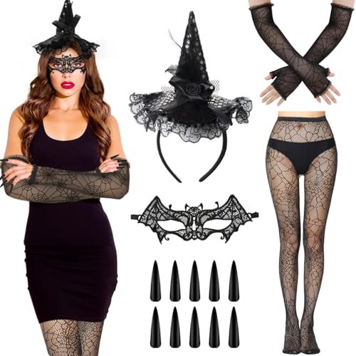 Meleager Diademas Halloween, Diademas con Sombrero de Bruja, Medias de Rejilla, Guantes de Encaje Máscaras de Ojos para Fiesta de Graduación, Halloween, Mardi Gras