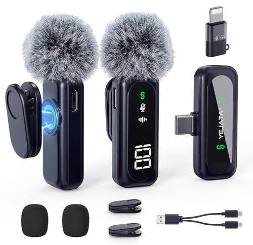 YEJATA Microfono lavalier wireless con display digitale della batteria, omnidirezionale a 360°, cancellazione del rumore, portata 30 m, clip girevole per iPhone 15/16 Android PC iPad Tablet