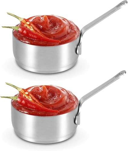 2PCS 100ml Stainless Steel Sauce Cups with Handle, Small Stainless Steel Saucepan, Reusable Dipping Condiment Bowls Mini Sauce Pots for BBQ Home Restaurant Serving