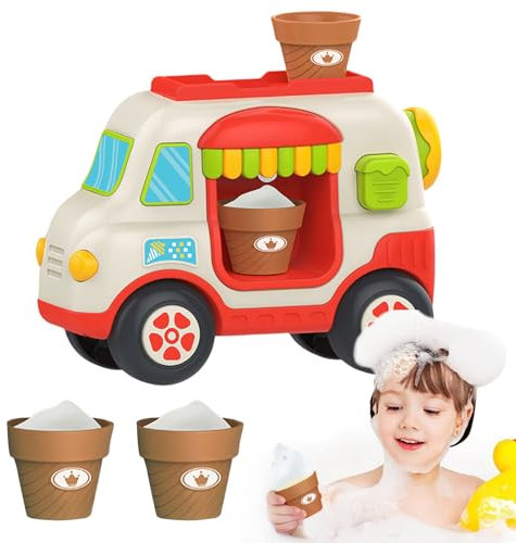 LYNSAN Badewannenspielzeug Eiswagen Schaumeismaschine Bubble Ice Cream Maker Badespielzeug Baby Badewanne Spielzeug Seifenblasenmaschine Lustiges Geschenke für Baby Kinder Jungen Mädchen, Rot