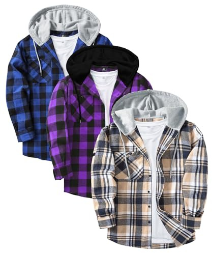 JACKETOWN 3 Pack Men's Plaid Shirts Long Sleeve Casual Hooded Flannel Shirt Multipack Work Checked Shirts Adult 4 Seasons Lightweight Button Down Hoodie with Pocket