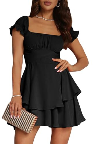 LYSINK Womens Square Neck White Dress Puff Sleeve a Line Tiered Ruffle Backless Summer Casual Short Dress