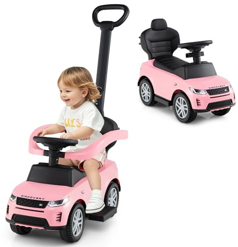 GOPLUS 3 en 1 Porteur Bebe Range Rover Discovery, Pousse Pousse avec Poignée Auvent Réglable, Garde-Corps, Klaxon, Bruit de Moteur, Rangement, Poussette Jouet pour Enfant 1,5-3 Ans,Charge 25KG (Rose)