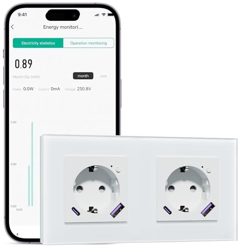 BSEEDLIFE Wifi Steckdose Unterputz Wandsteckdose mit intelligenter Energieüberwachung, Doppelte Glassteckdose mit USB-A&USB-C, APP-Steuerung Arbeit mit Alexa/Google Home, Zeitpläne, Timer... Weiß