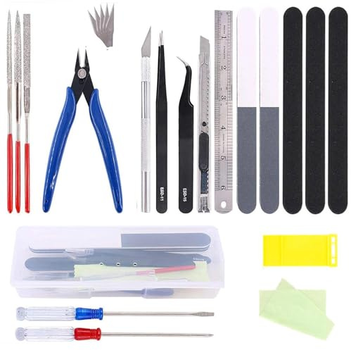 Dulynva 23 Stück Modellbau Werkzeug Set Modelbau Bastelwerkzeug für Gundam Modell Werkzeuge mit Kunststoffbox Bastelmesser Pinzette Modellbau Zange für Auto Modell Bausatz DIY Reparatur