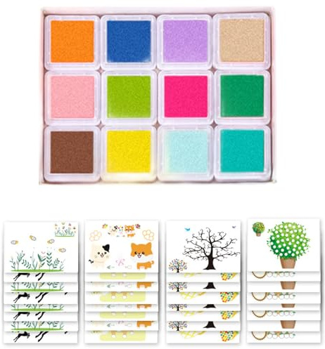 Pesoncarl Kids Painting Kit, Funny Finger Paint Kit with 12 Colors Ink Pad & 32 Drawing Card, Colourful Kids Art Supplies for Craft Art Card Making, Craft Kits