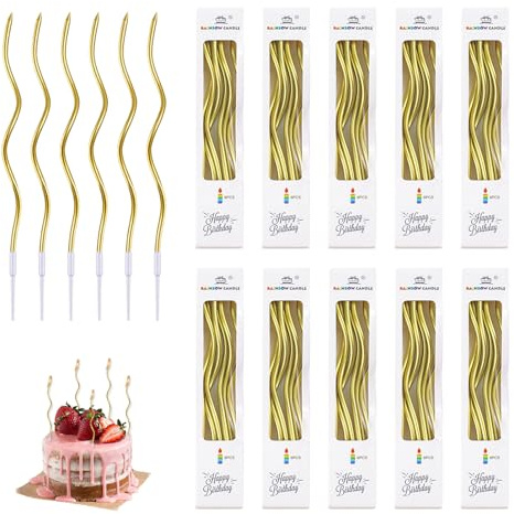 60 Pezzi Candele Spirale Lunghe Compleanno, Candelina Lunghe Compleanno Sottili, Candele Torta per Torta 15 cm, Decorazioni per Torta, Ideale per Matrimonio, Party, Lunghe 15 cm, con Supporti (Oro)