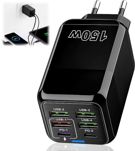 150W USB C Ladegerät Mehrfach Netzteil 6 Port mit PD & QC 3.0 | mit 2 USB-C & 4 USB-A USB, Schnellladegerät Stecker Mehrfach Kompatibel mit iPhone Samsung Xiaomi Tablet Büro Reise Schwarz