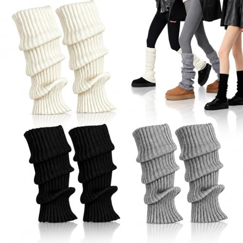 AEMCHDM 3 Paar Stulpen Damen, 3 Farben Legwarmers, Warme Beinstulpen Strick, 40cm Wadenwärmer, Beinwärmer Für Winter Frühling Und Herbst, Ballett Stulpen Mädchen(Weiß/Schwarz/Grau)