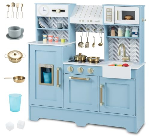 COSTWAY Cuisine Enfant avec Machine à Café & Machine à Glaçons, Cuisine en Bois Enfant avec Son Réaliste & Hotte & 10 Accessoires, Micro-Ondes, Armoires, Jeu de Simulation pour 3-6 Ans