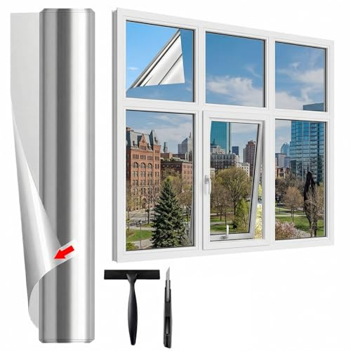Fensterfolie Sonnenschutz Hitzeschutz Innen oder Außen, Rückstandslose Spiegelfolie Fenster Hitzeschutz, Selbstklebend UV Schutzfolie Fenster, Sonnenschutzfolie, Spiegelfolie (60X400CM)