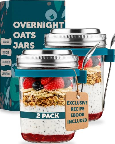 OATOLOGY Glass Overnight Oats Jar Container | Unique Leakproof Stainless Steel Lids, Spoon, Thick Glass | Breakfast Pots Mason Jars for Chia Pudding Granola Yoghurt Porridge Cereal On-the-Go | 2 pack