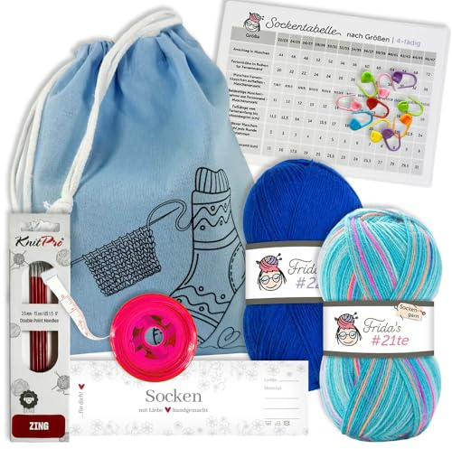 Frida's Wollhaus Masche in der Tasche | Socken Strickset verschiedene Varianten Stricken Häkeln Geschenk (Hellblau)