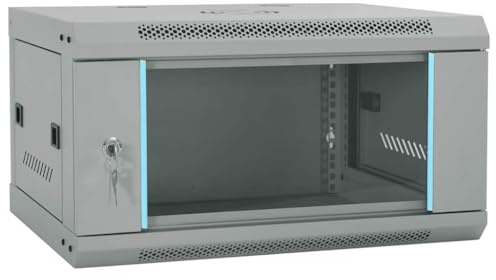 Wandmontierter Netzwerkschrank 60 x 45 x 35 cm, Servergehäuse 19 Zoll IT-Verteiler aus Stahl mit Glastür, Datennetzwerk-Schrank für Büro und Heimnetzwerk Grau