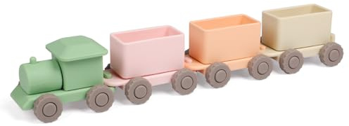 Silicone Montessori Train Toy for Toddlers 12 Months+ Push and Go Baby Toy Stackable Detachable Carriages BPA Free Soft Sensory Toy Neutral Colours (Sage Green Set)