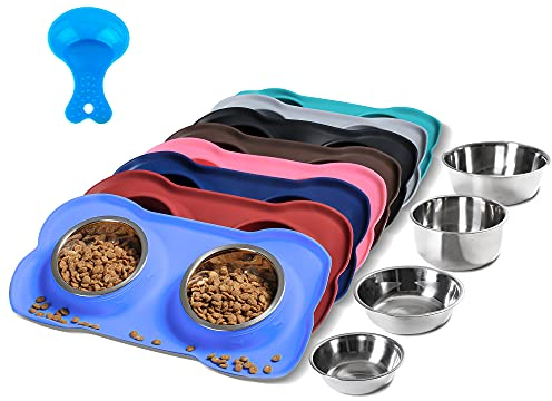 Hubulk Pet Dog Bowls 2 Stainless Steel Dog Bowl with No Spill Non-Skid Silicone Mat + Pet Food Scoop Water and Food Feeder Bowls for Feeding Small Medium Large Dogs Cats Puppies (S, Blue)