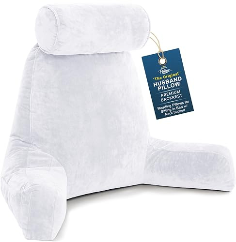 Husband Pillow XXL White Backrest with Arms - Adult Reading Pillow Shredded Memory Foam, Ultra-Comfy Removable Microplush Cover & Detachable Neck Roll, Unmatched Support for Bed Rest Sit Up Pillow