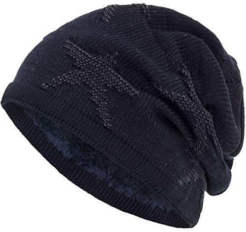 Compagno warm gefütterte Beanie Wintermütze Sternen Strickmuster mit weichem Fleece-Futter Mütze