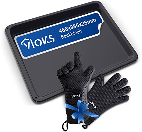 VIOKS Set aus Backblech 466 x 385 x 25 mm Ersatz für Backblech AEG Backofen 14002049002/9 und 2 Ofenhandschuhe Hitzebestaendig & Backen Zubehör