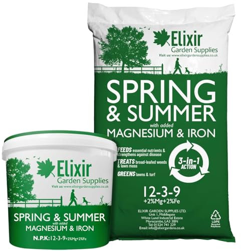 Elixir Gardens UK Spring & Summer Lawn Food/Feed & Granular Compound Turf Fertiliser with added Iron + Magnesium | 1kg-25kg Weights | NPK:12-3-9 + 2% Fe & 2% MgO | 5kg Bag Treats 200m²