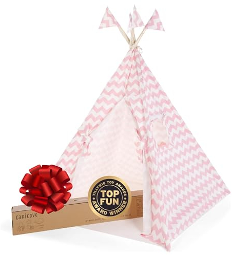 Kinder Tipi Zelt Segeltuch : Faltbares Indoor & Outdoor Set von Canicove Baumwolle Weiß/Naturfarben mit Massivholzpfosten & Flaggen für Jungen & Mädchen. Maschinenwaschbar (Rosa Streifen)