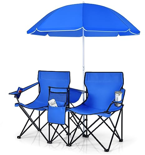 COSTWAY Sedia da Campeggio Pieghevole a 2 Posti, Poltrona Giardino Doppio con Ombrellone, Sedia da Pesca con Borsa Frigo, Portabicchieri, Portata 270 kg (blu navy)