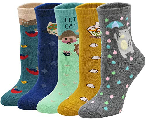 PUTUO Wintersocken Damen Dicke Socken: Thermosocken Frauen Winter Warme Thermo Lustige Bunt Socken mit Frottee 5 Paar