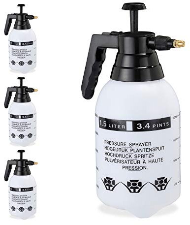 Relaxdays 4 x Pumpsprühflasche, einstellbare Messingdüse, Pflanzen Bewässerung, Schädlingsbekämpfung, 1,5 l Drucksprüher, schwarz