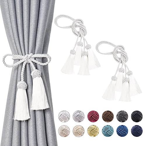 Pretty Jolly 4 Stück doppelte Quaste Vorhang Raffhalter handgemachte Seil Knoten drapieren Raffhalter Krawatte zurück Elegante dekorative Vorhanghalter für Haus & Büro Fenster Draperie (Weiß)