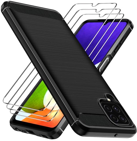 ivoler Hülle für Samsung Galaxy A22 4G / M22 / M32 mit 3 Panzer Schutz Glas, Schwarz Stylisch Anti-Kratzer Handyhülle Stoßfest Schutzhülle Cover Weiche TPU Silikon Case