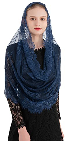 PAMOR Spanischer Stil Spitze Traditionelle Vintage Infinity Form Mantilla Veil Latin Mass Kopfbedeckung, Marineblau, Einheitsgröße