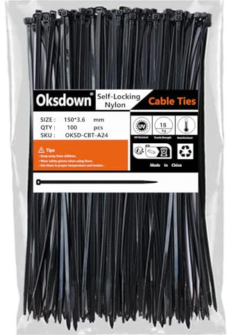 Oksdown 100 Pack Black Plastic Cable Ties 150mm×3.6mm Small Nylon Zip Ties Premium Self Locking 6 inch Mini Tie Wraps