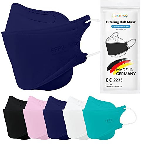 TubeRoo FFP2 Maske blau dunkelblau Fischform, 50 Stück Masken aus Deutschland, Made in Germany, weiche Ohrschlaufen, Atemschutzmaske, Mundschutz